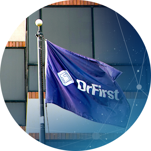DrFirst Logo on a flag outside of headquarters